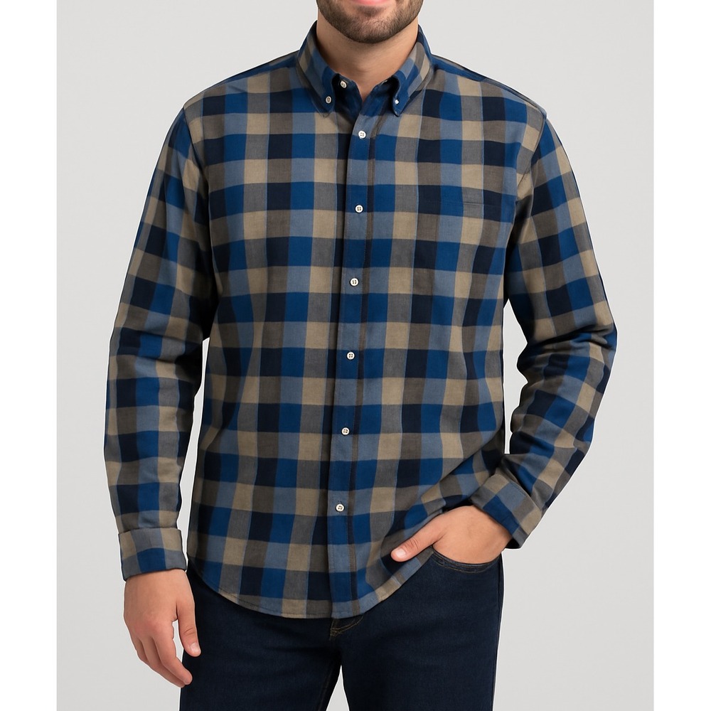 Haggar Mens XXL Button Up Shirt Blue Black Beige Plaid Long Sleeve Casual